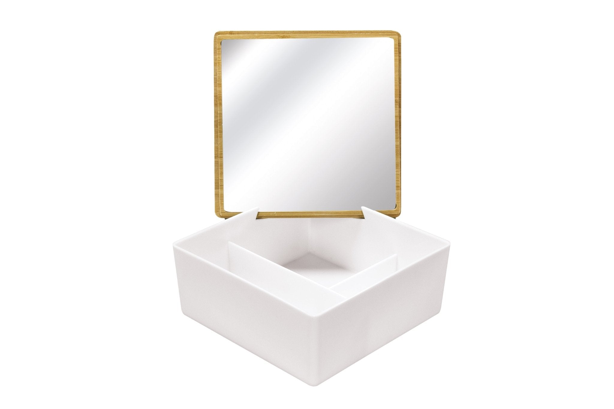 Die Aufbewahrungsbox TIMBER BOX Weiß S steht geöffnet mit Spiegeldeckel und Fächern.