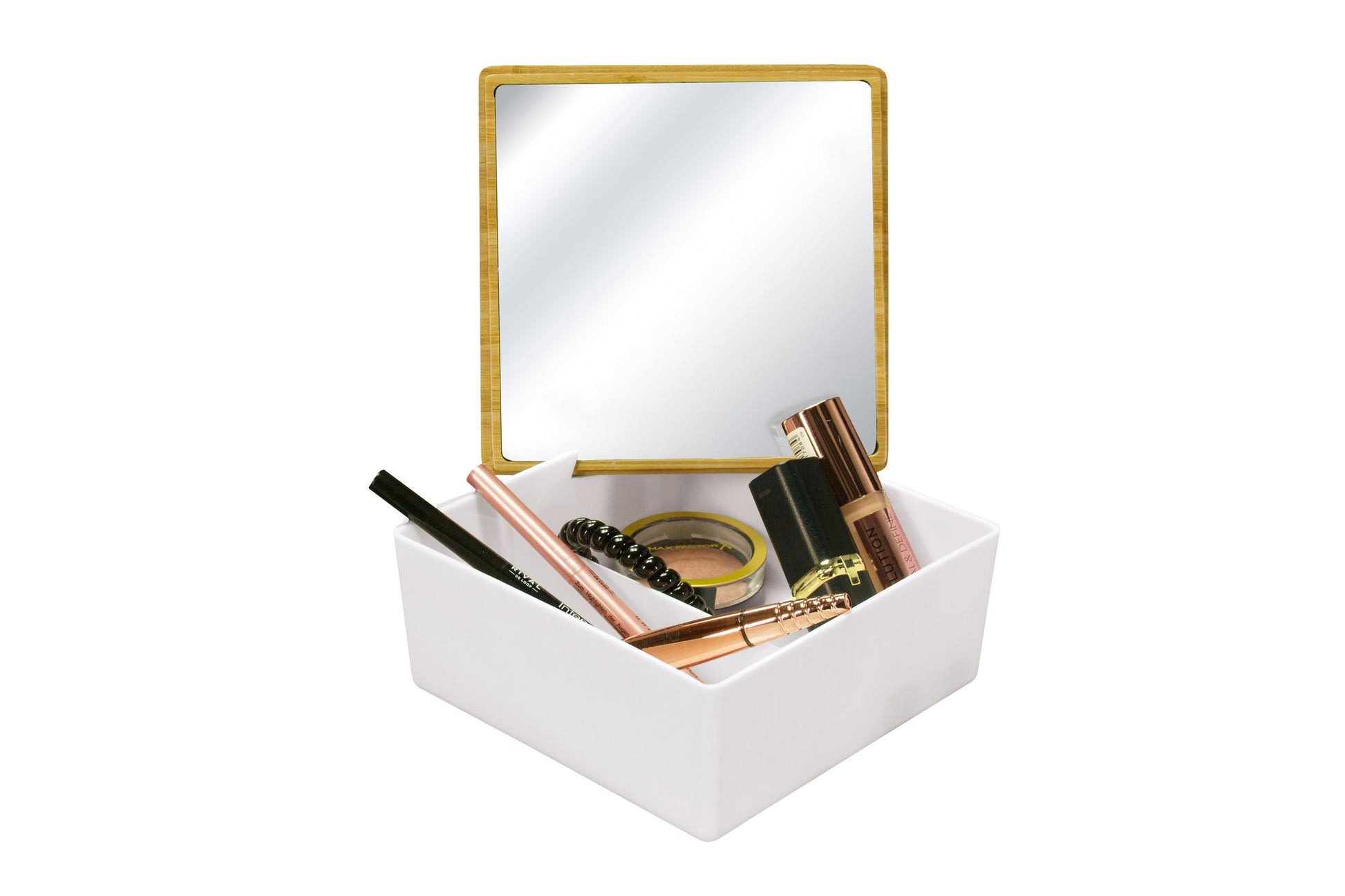 Aufbewahrungsbox TIMBER BOX Weiß S mit offenem Spiegeldeckel und Make-up Utensilien im Inneren.
