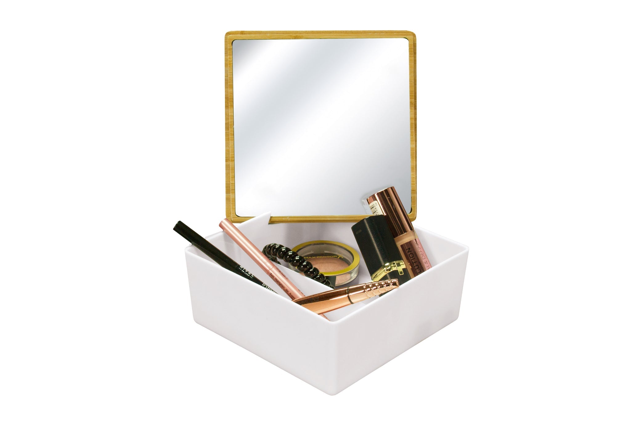 Aufbewahrungsbox TIMBER BOX Weiß S mit offenem Spiegeldeckel und Make-up Utensilien im Inneren.