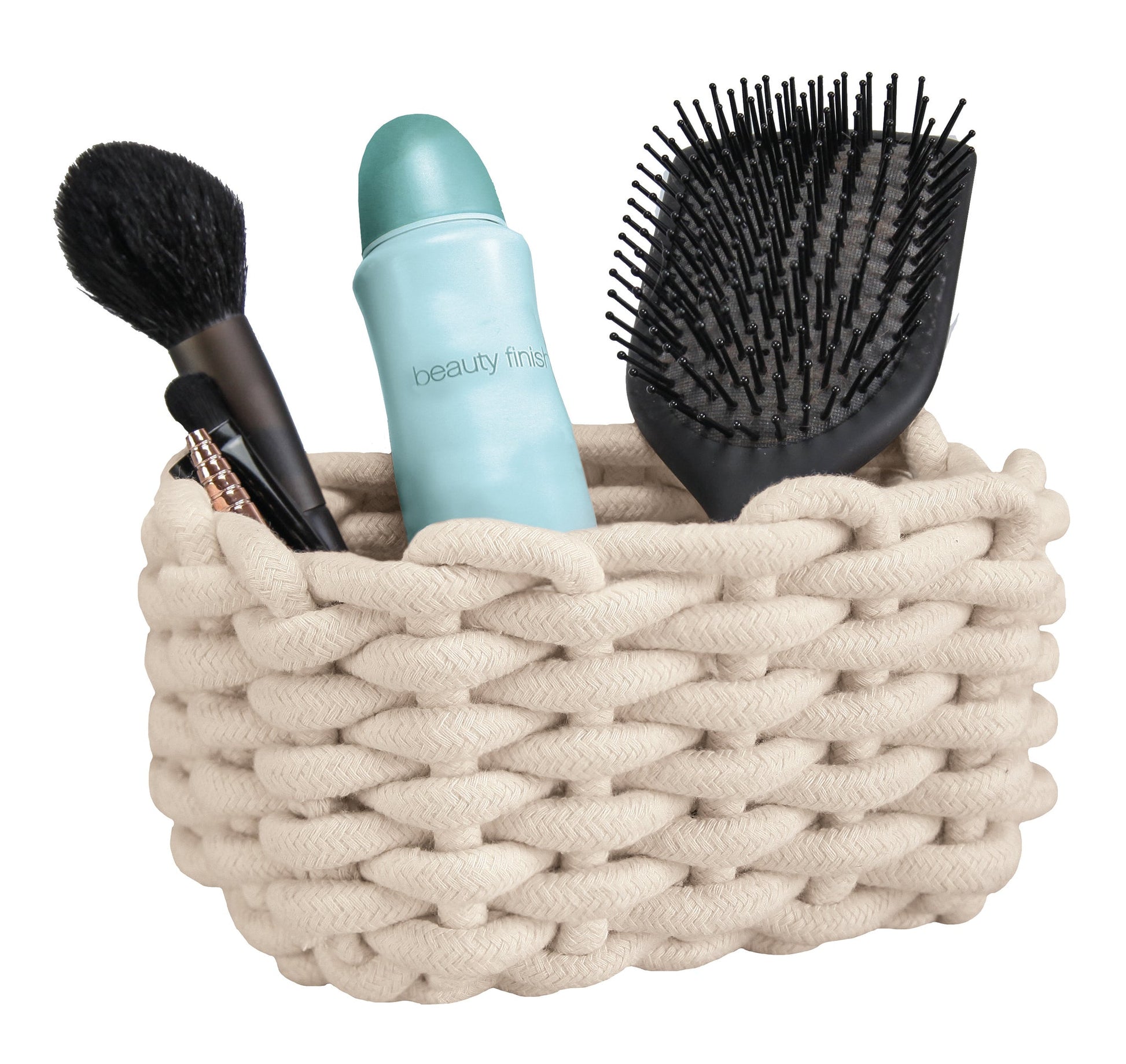 Aufbewahrungskorb FELLONE Natur M ist mit Haarbürste, Deo und Make-up-Pinsel befüllt.