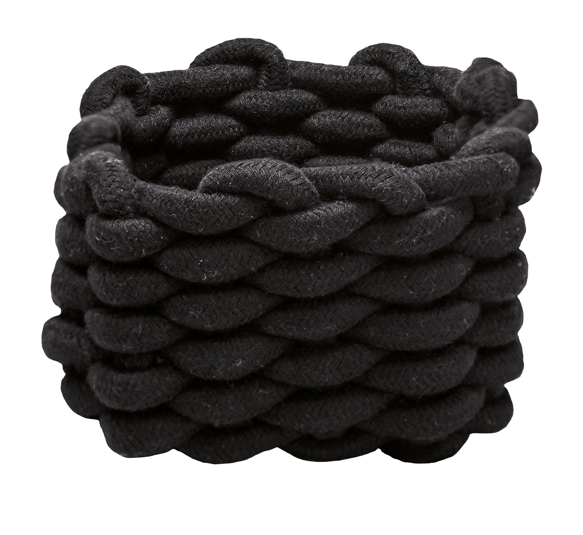 Auf dem Bild ist der Aufbewahrungskorb FELLONE Schwarz M aus dicken Flechtsträngen zu sehen.