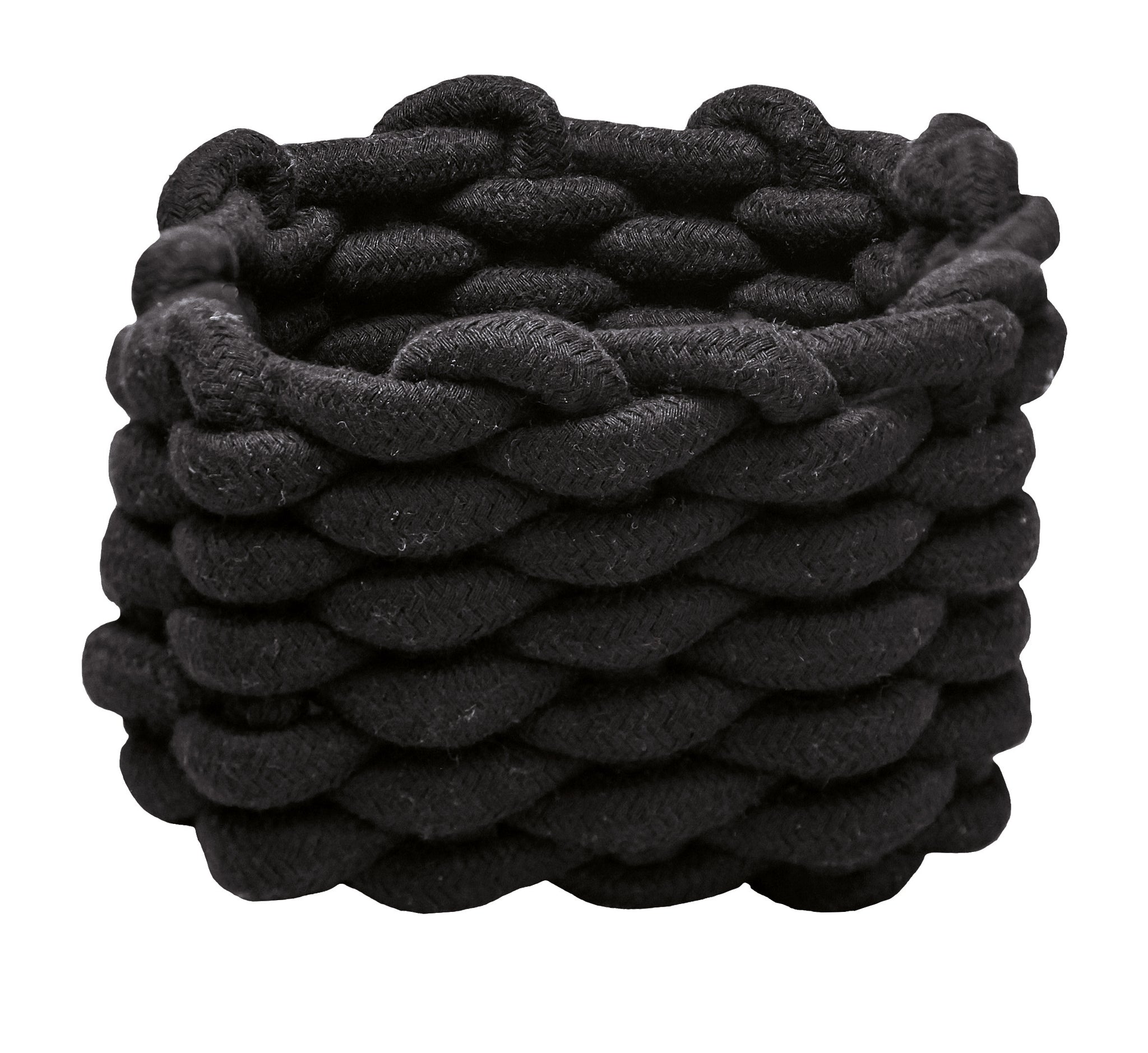 Auf dem Bild ist der Aufbewahrungskorb FELLONE Schwarz M aus dicken Flechtsträngen zu sehen.