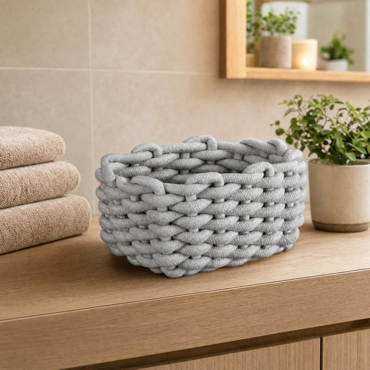 Grauer geflochtener Korb auf Holzkommode im Badezimmer mit Handtüchern.