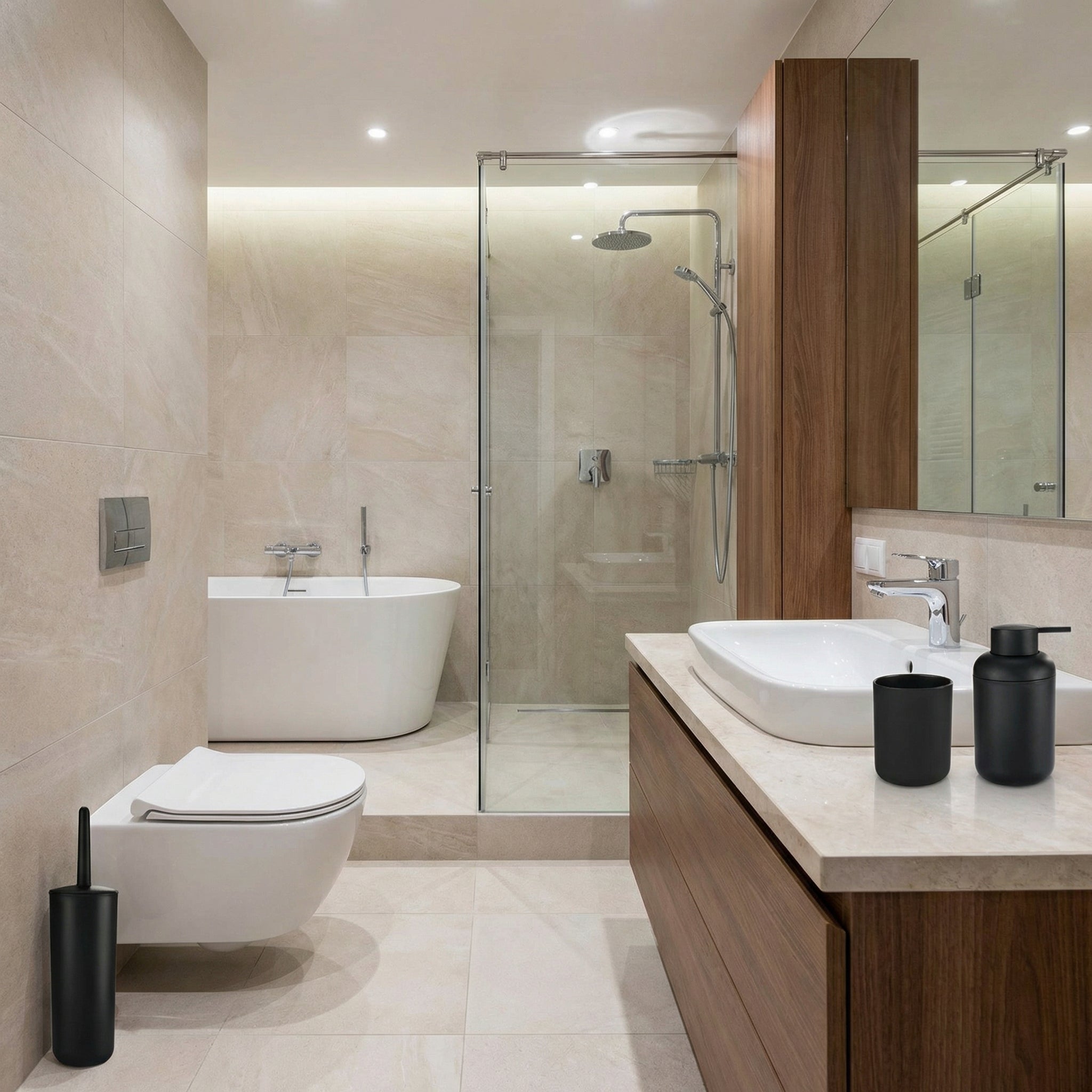 Modernes Bad mit Dusche, Wanne, Holzwaschtisch und schwarzen Accessoires