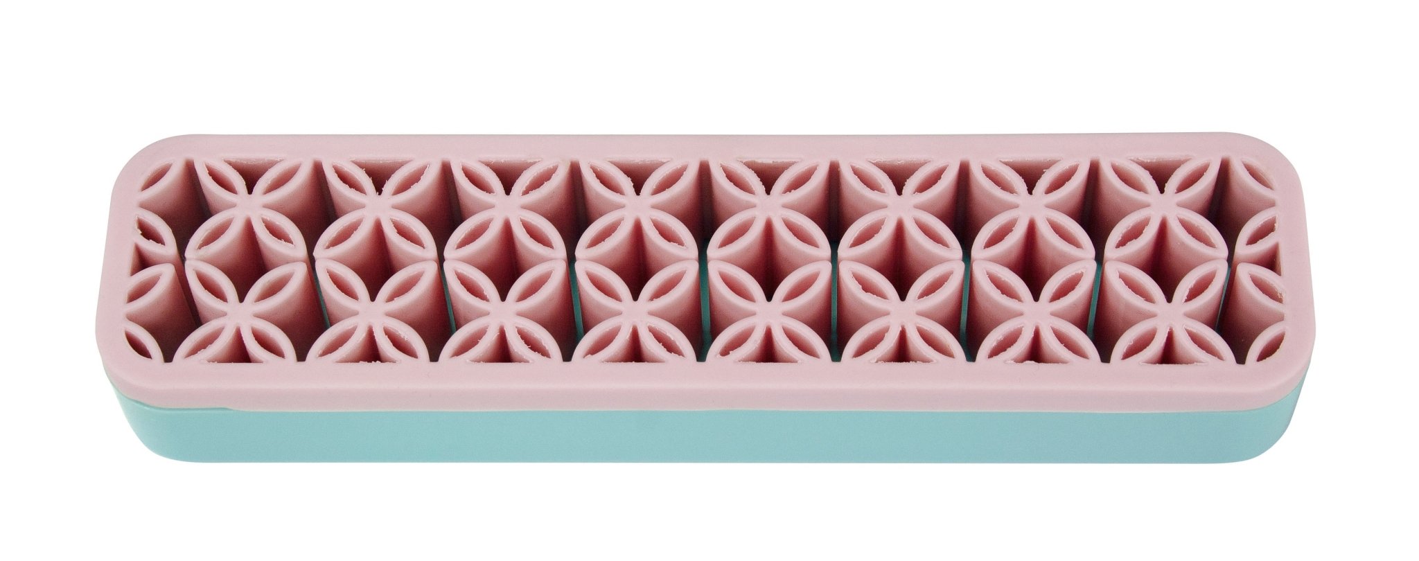 Rechteckige rosa-türkise Silikonform mit floralem Wabenmuster oben