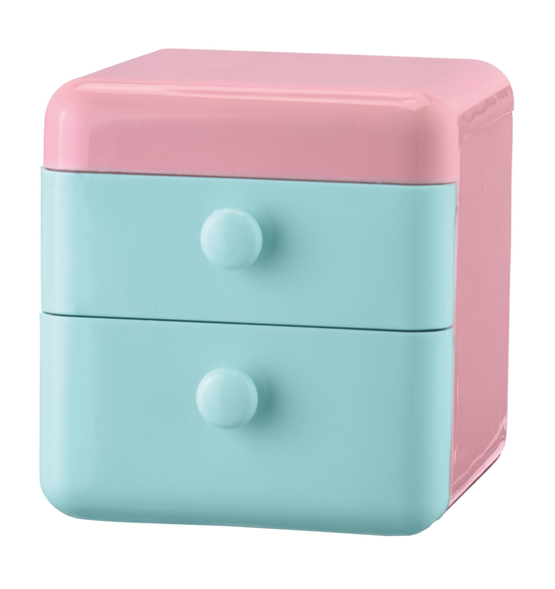 Bad-Organizer COSMA Salbeigrün M mit zwei pastellfarbenen Schubladen ist im Bild zu sehen.