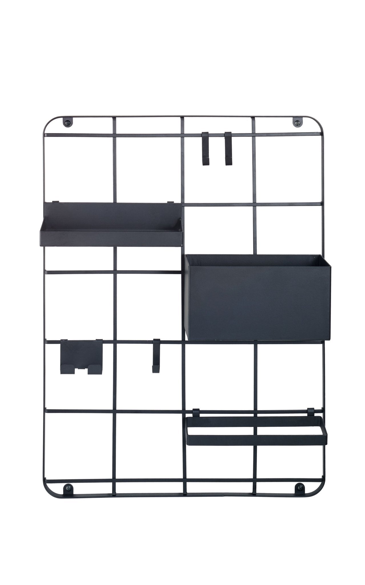 Bad-Organizer FRAMEWORK GRID Schwarz M aus Metall mit Gitter, Ablagen, Haken und Boxen ist frontal zu sehen.