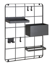 Bad-Organizer FRAMEWORK GRID Schwarz M aus schwarzem Metallgitter mit Ablagen und Haken an der Wand.