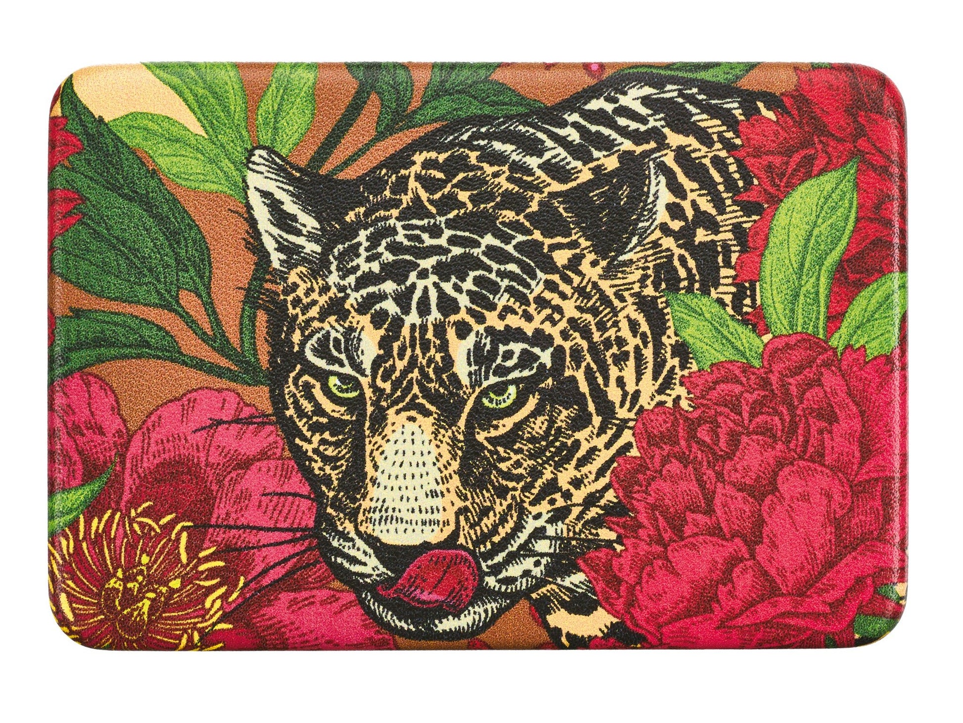 Bunt bedruckte Matte mit Leopardenkopf und roten Pfingstrosenblüten