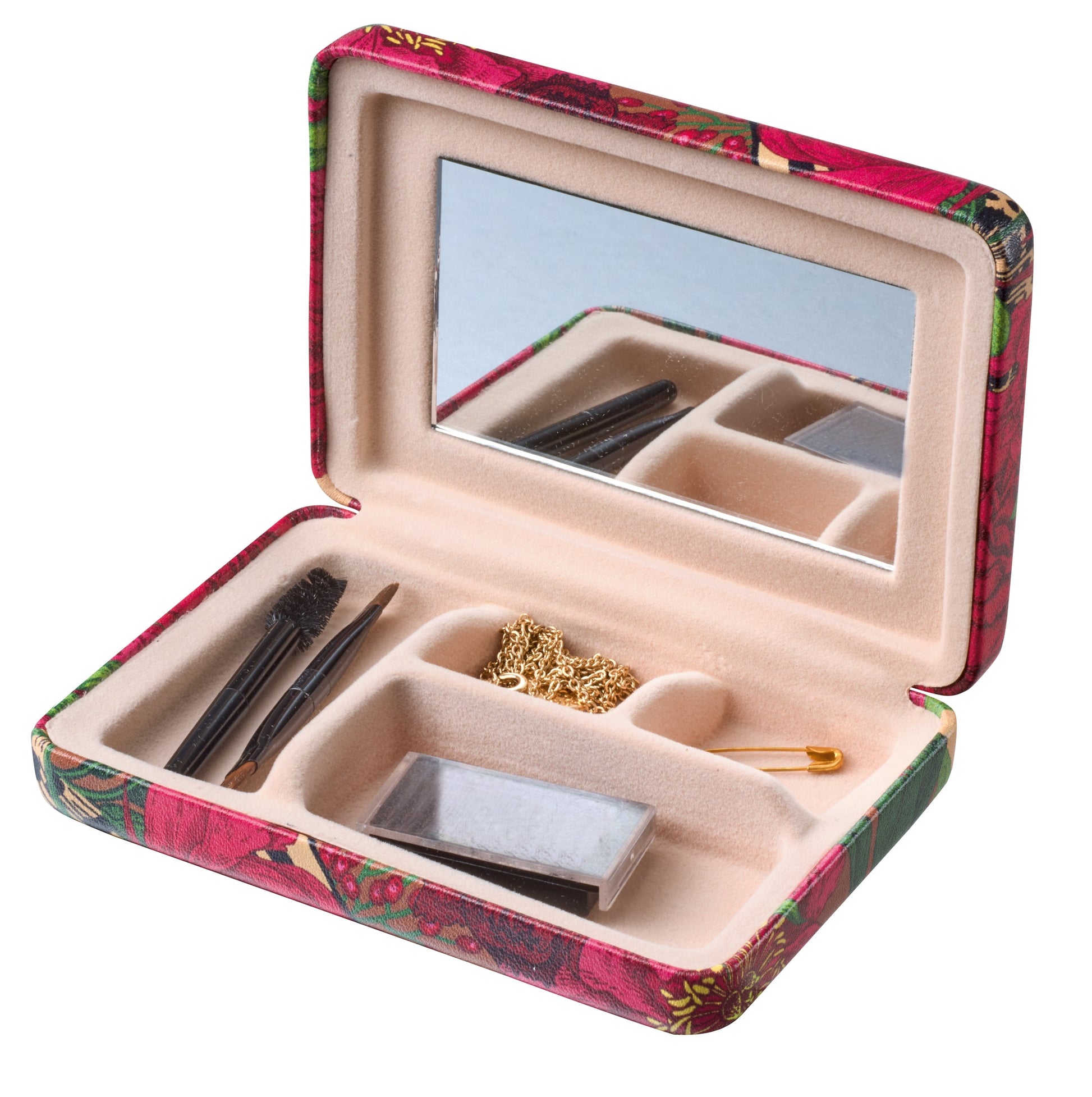 Offene Schmuck- und Kosmetikbox mit Spiegel, Kettchen und Pinseln innen