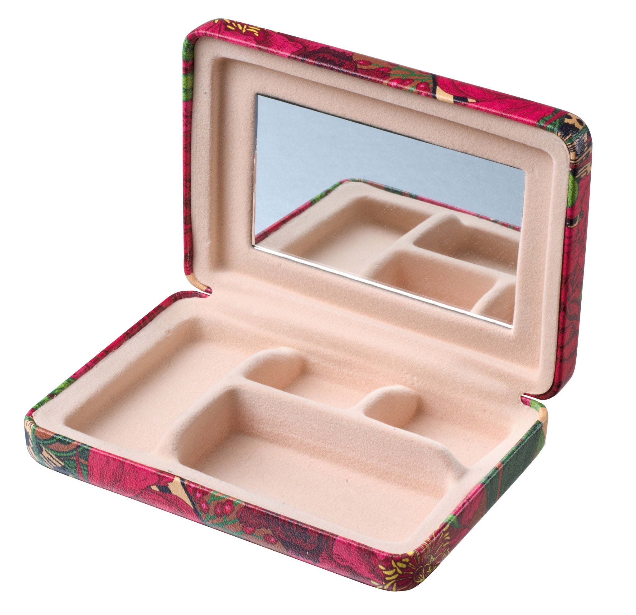 Offene Schmuckbox mit Spiegel, rosa Fächern und floral gemustertem Etui