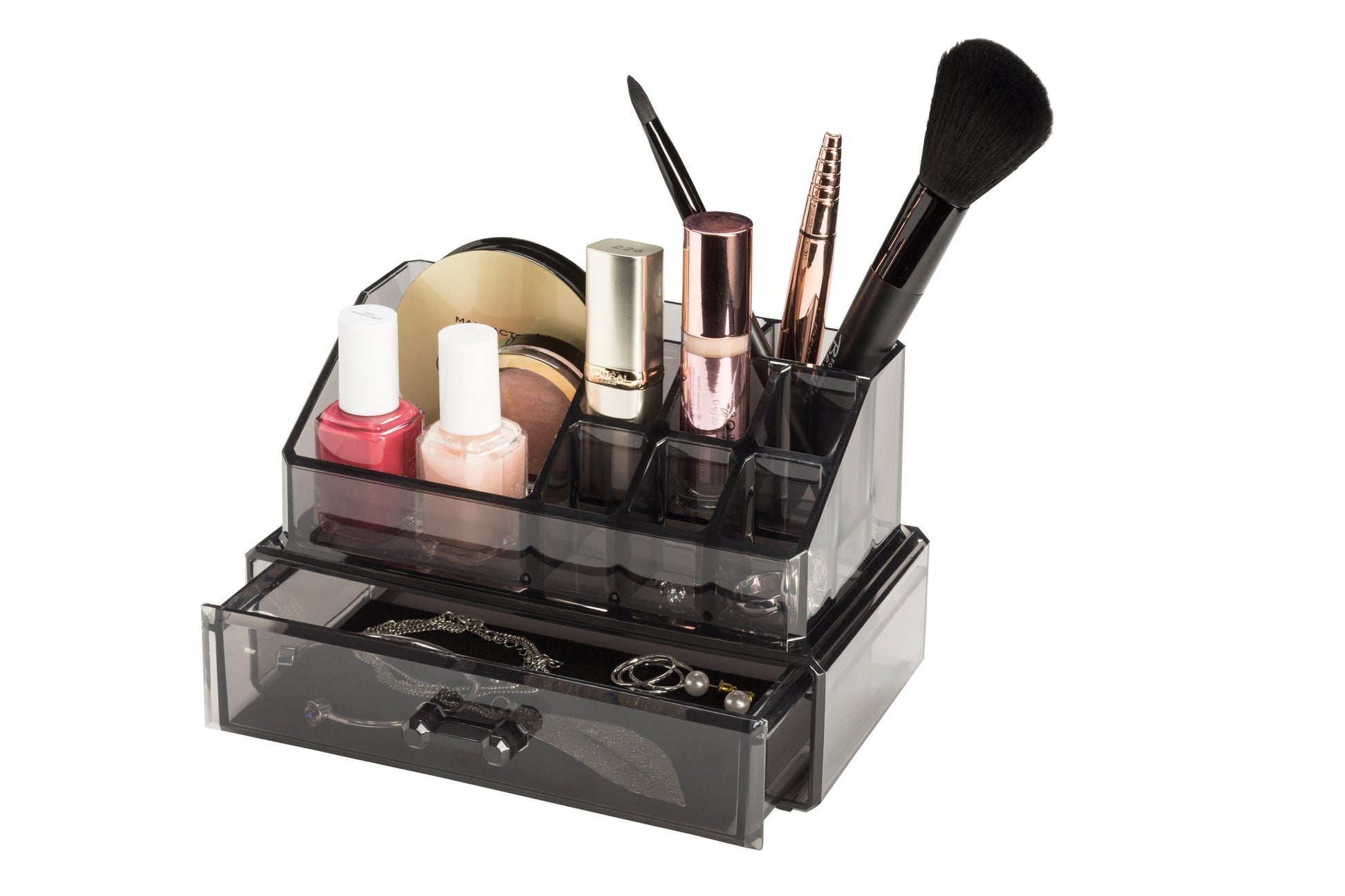 Bad-Organizer VALERIE Anthrazit M steht gefüllt mit Kosmetik und Schmuck in Schublade auf weißem Hintergrund.