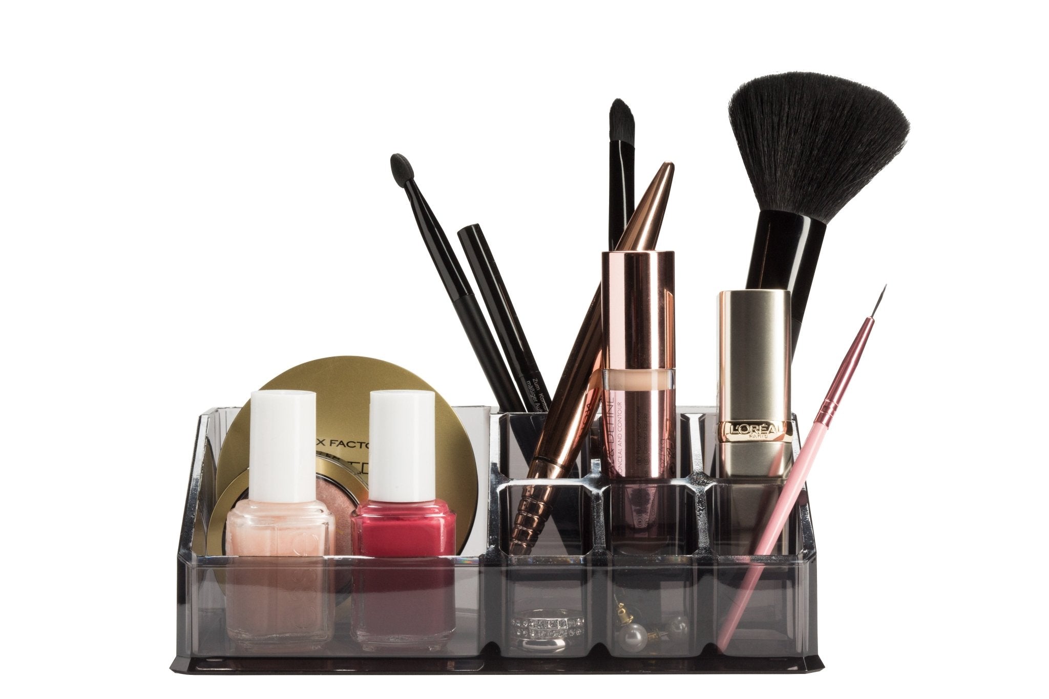 Bad-Organizer VALERIE Anthrazit M ist mit Make-up, Pinseln und Nagellackfläschchen bestückt.