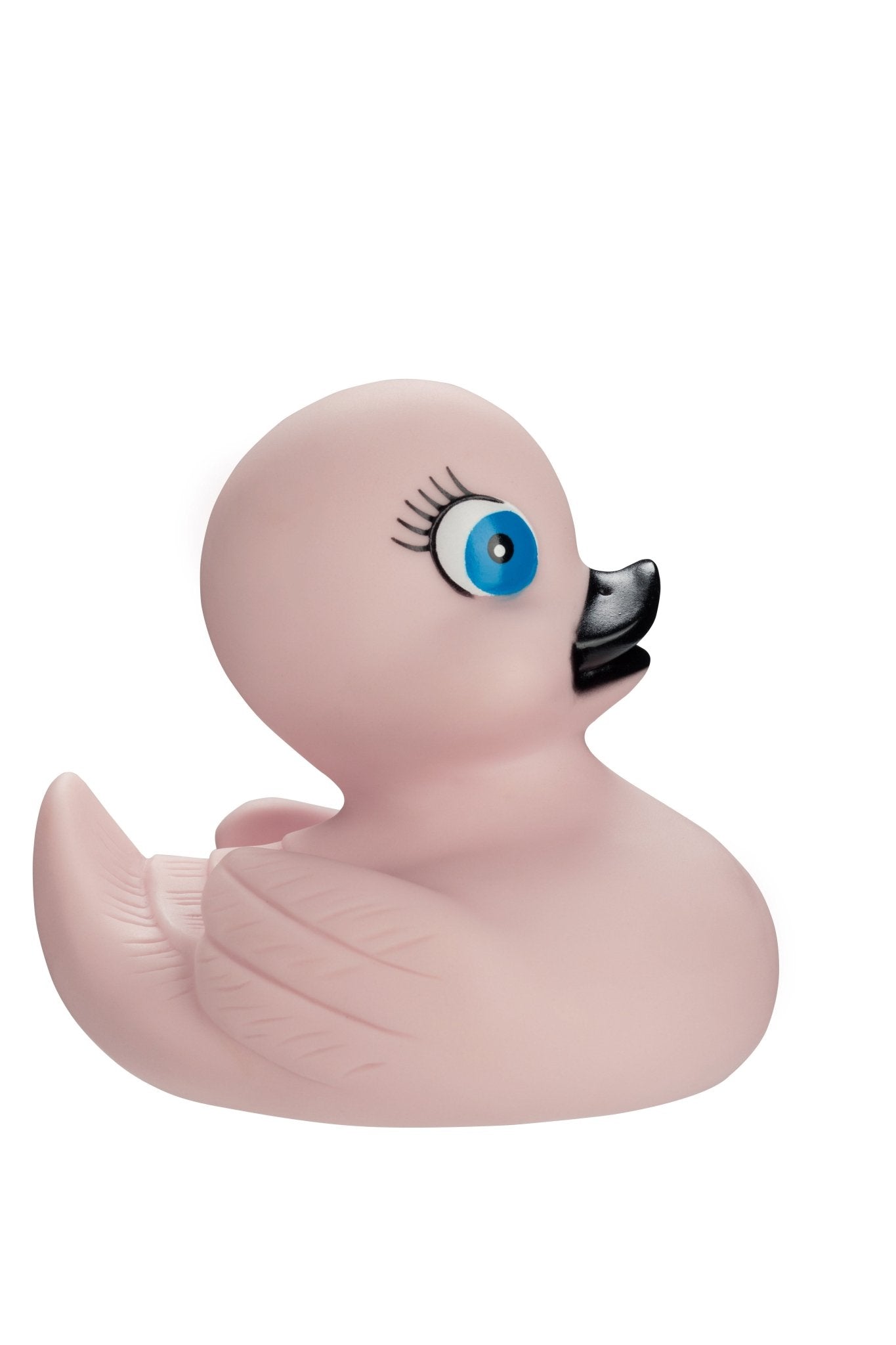 Rosa Quietscheente mit blauen Augen und schwarzem Schnabel seitlich