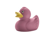 Rosa Quietscheente aus Gummi mit gelbem Schnabel auf weißem Hintergrund