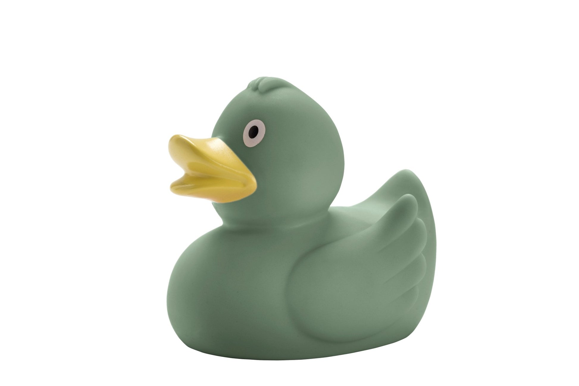 Grüne Gummiente mit gelbem Schnabel vor neutralem weißen Hintergrund