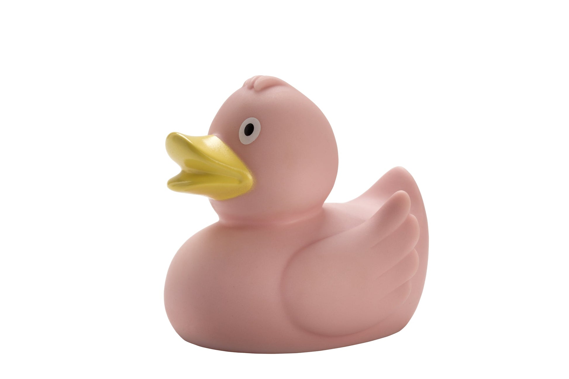 Rosa Badeente aus Gummi mit gelbem Schnabel vor weißem Hintergrund