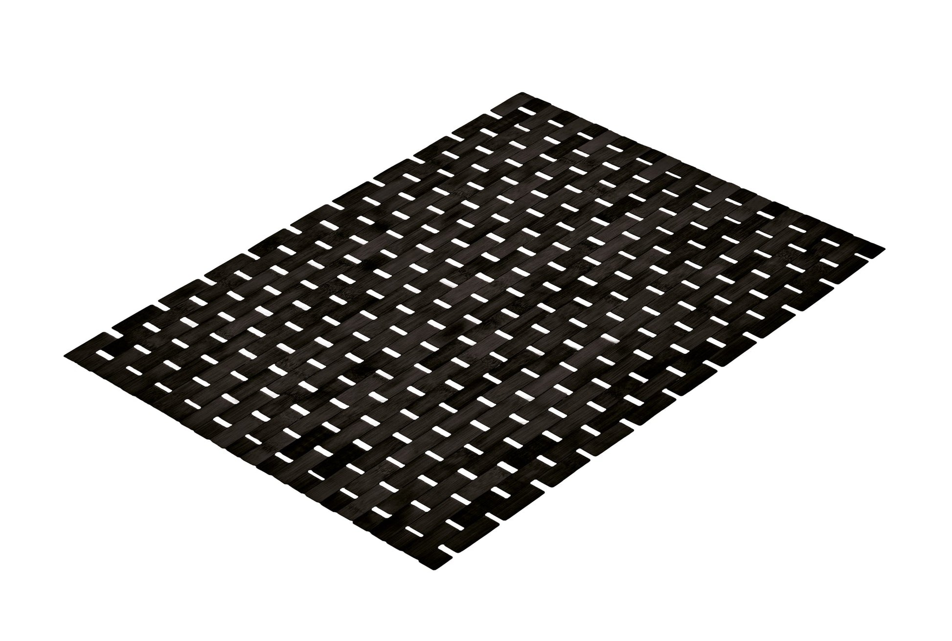Schwarze Badematte aus Bambus PALITO 50 x 70 cm liegt flach auf hellem Untergrund.