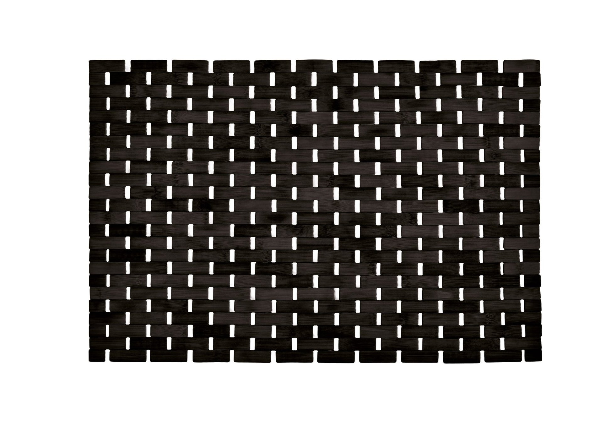 Schwarze Badematte aus Bambus PALITO 50 x 70 cm liegt flach mit rechteckigem Lattenmuster.