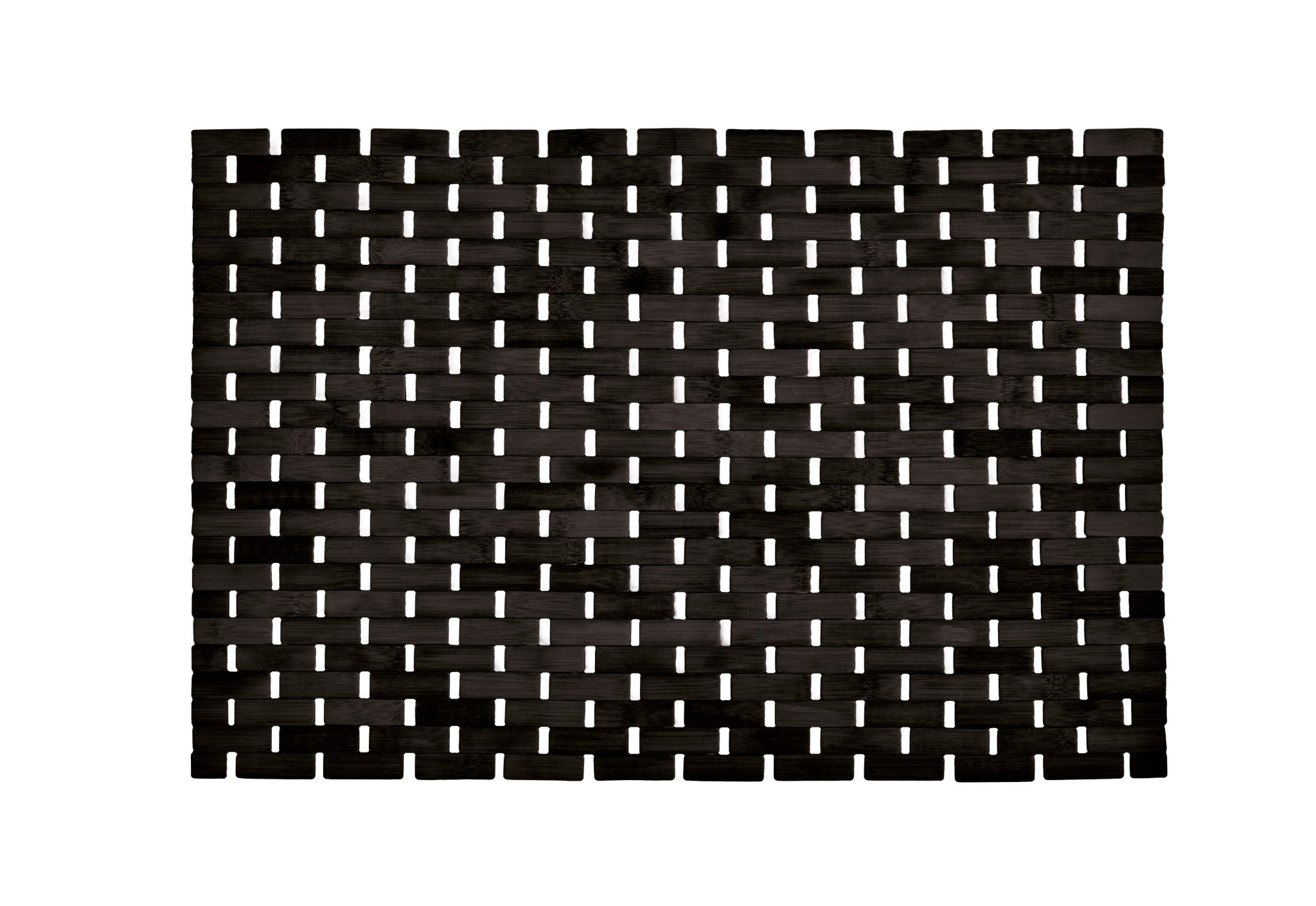Schwarze Badematte aus Bambus PALITO 50 x 70 cm liegt flach mit rechteckigem Lattenmuster.
