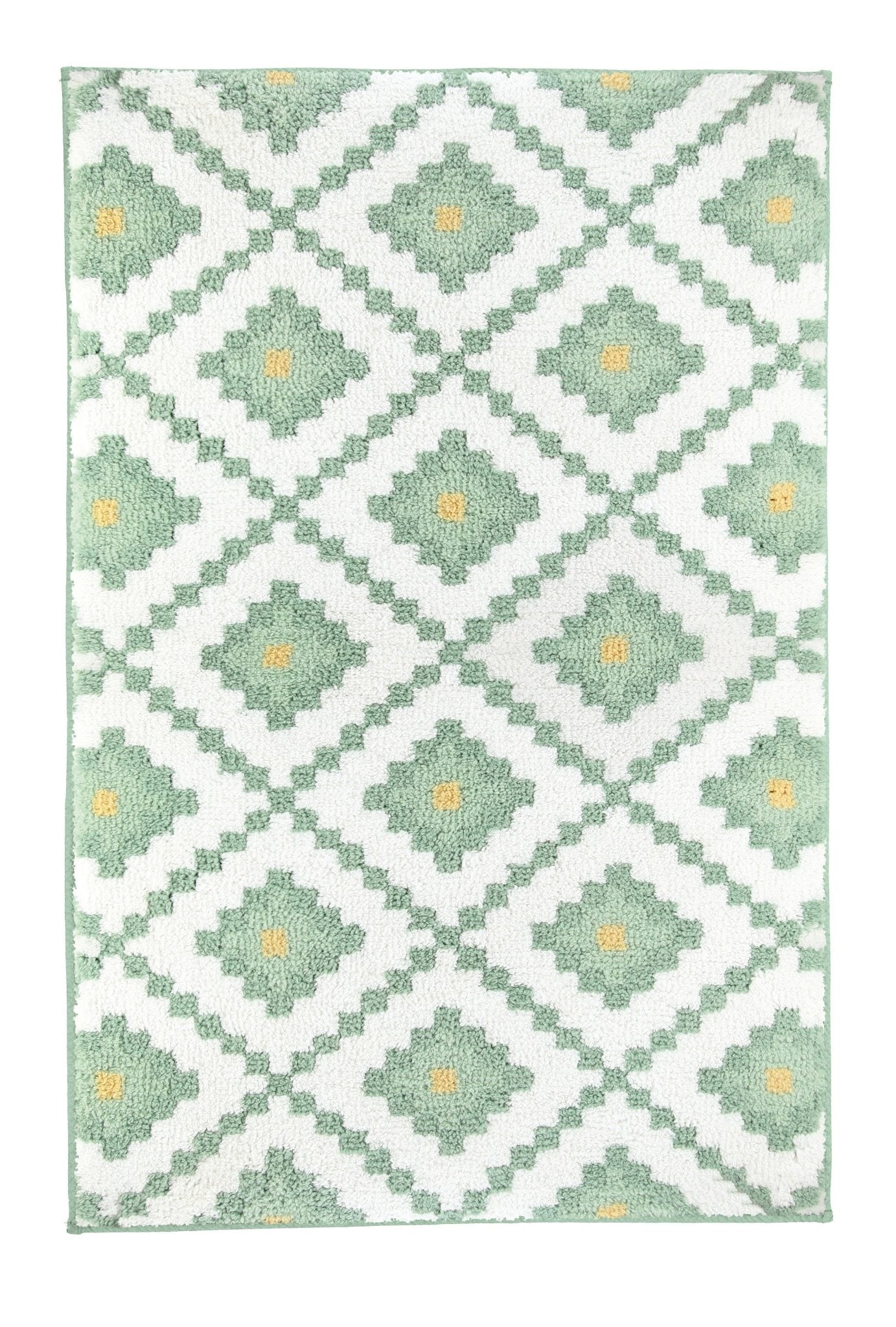 Rechteckiger Badteppich mit grün-weißem Rautenmuster und gelben Punkten