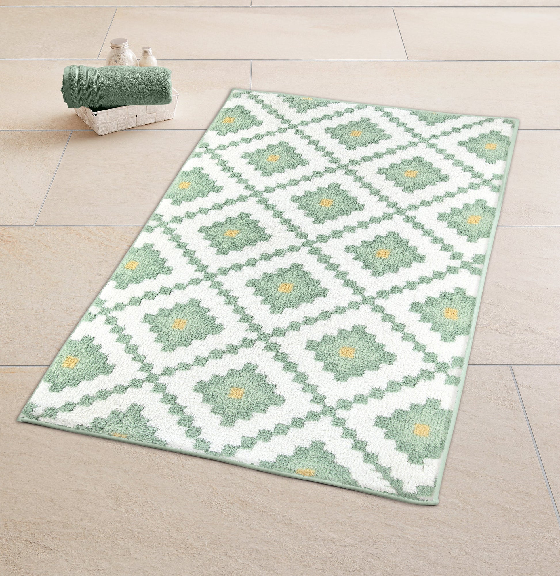 Rechteckiger Badteppich in Grün-Weiß mit grafischem Rautenmuster dekorativ