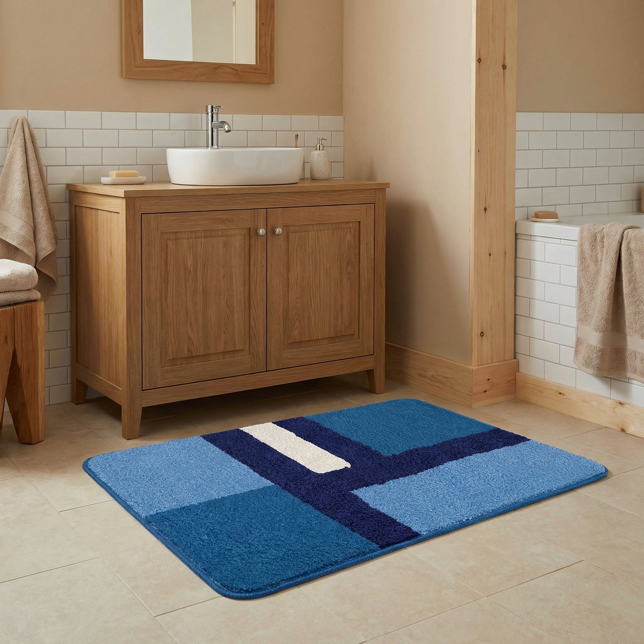Blauer Badteppich mit geometrischem Muster vor Holzwaschtisch im Bad