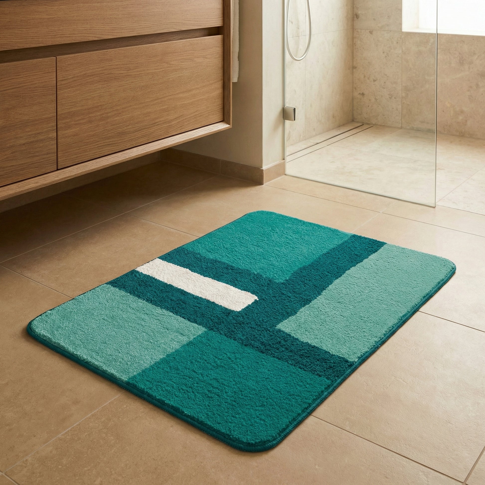 Türkisfarbener Badteppich mit grafischem Blockmuster auf Fliesenboden