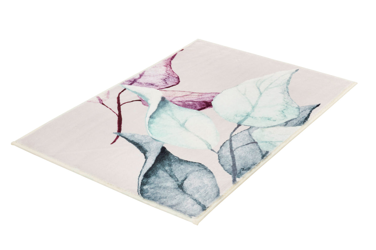 Rechteckiger Badteppich in Creme mit großem Blattmuster in Blau und Rosa.