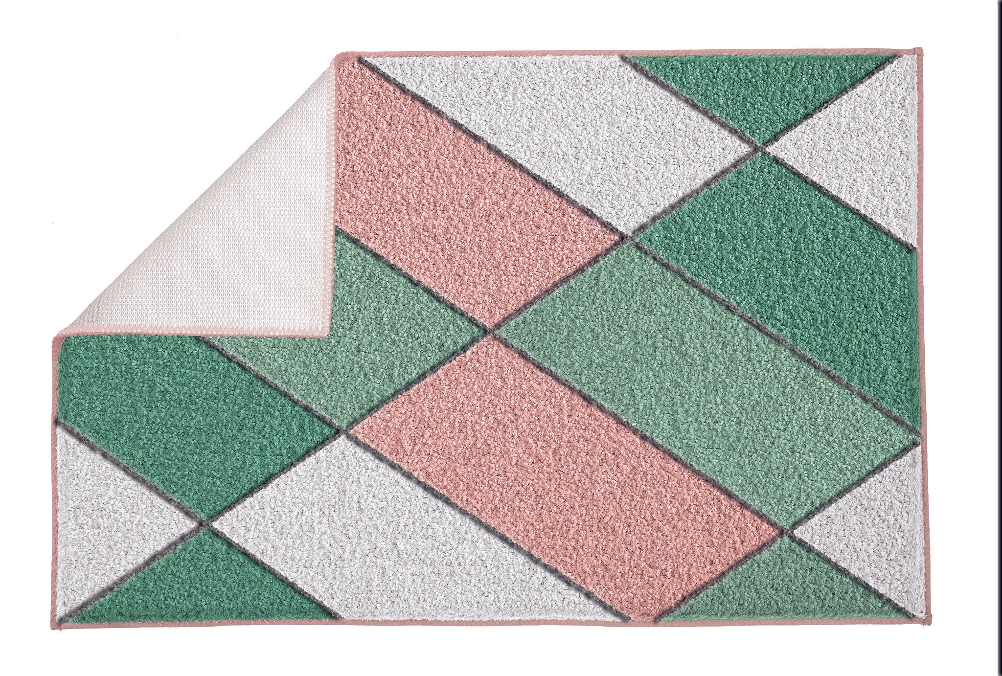 Badematte mit geometrischem Muster in Rosa, Grün und Weiß als Pastelltöne