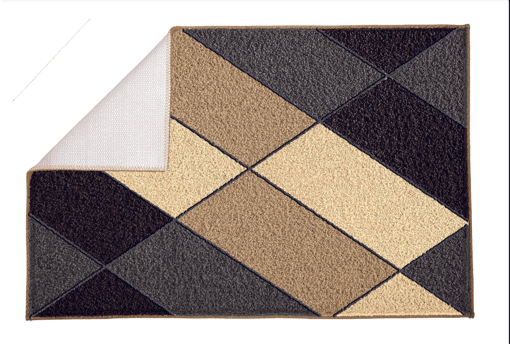 Badteppich AYANA Schwarz 55 x 65 cm mit geometrischem Muster in Beige und Schwarz liegt auf dem Boden.