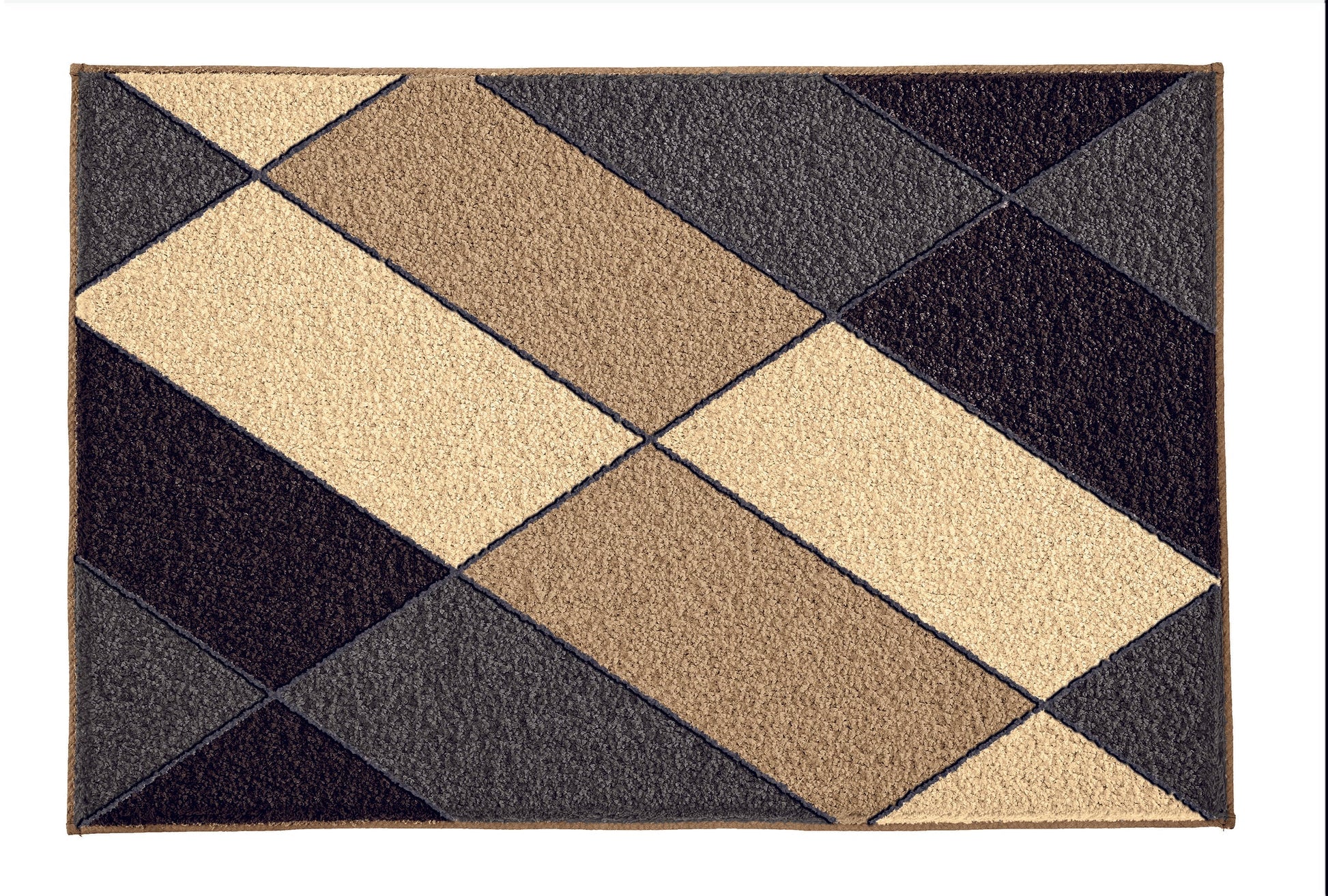 Badteppich AYANA Schwarz 55 x 65 cm mit geometrischem Muster in Beige, Braun und Schwarz liegt flach.