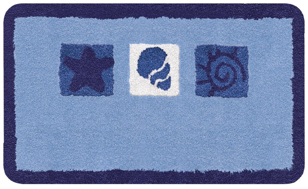 Blauer Badteppich mit Seestern-, Muschel- und Spiralmotiv in Feldern