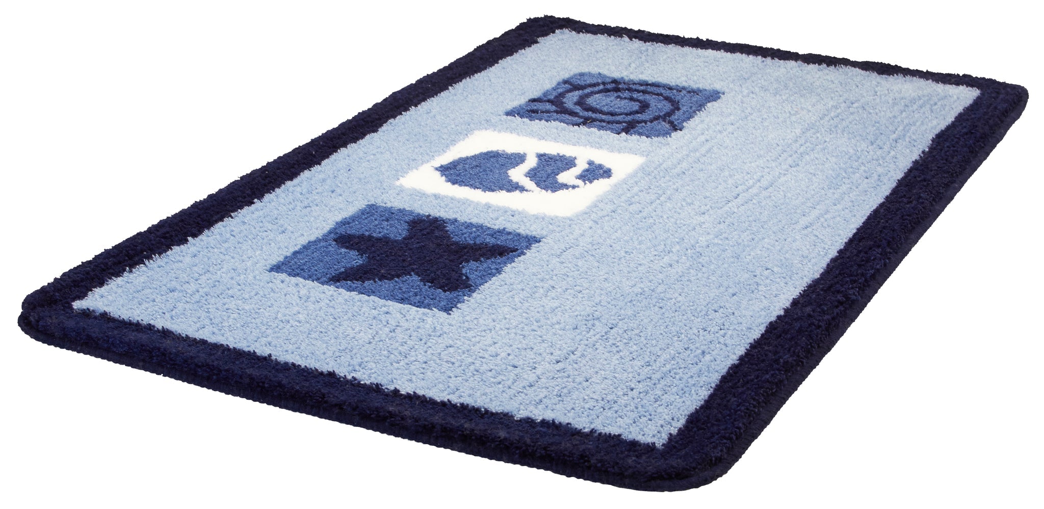 Hellblauer Badezimmerteppich mit maritimen Symbolen in Dunkelblau