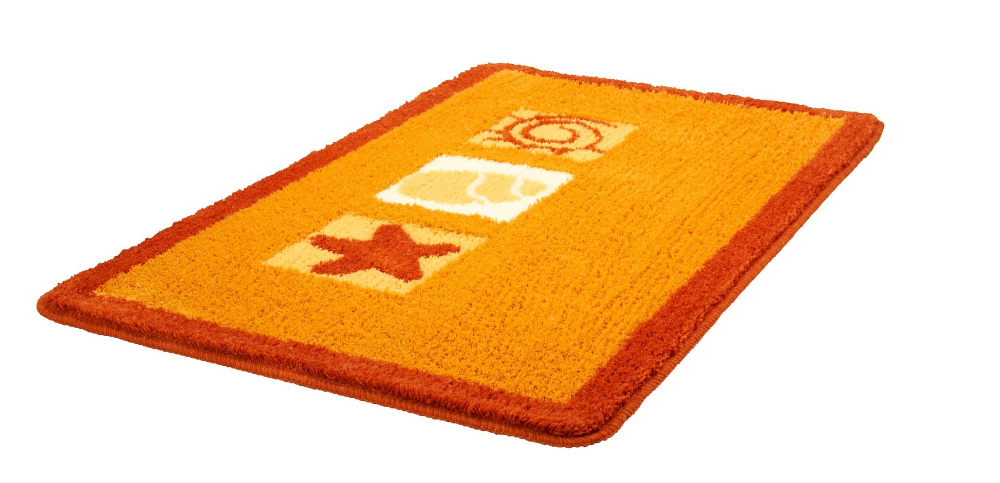 Orange Badematte mit drei cremefarbenen Symbolen und rotem Rand außen