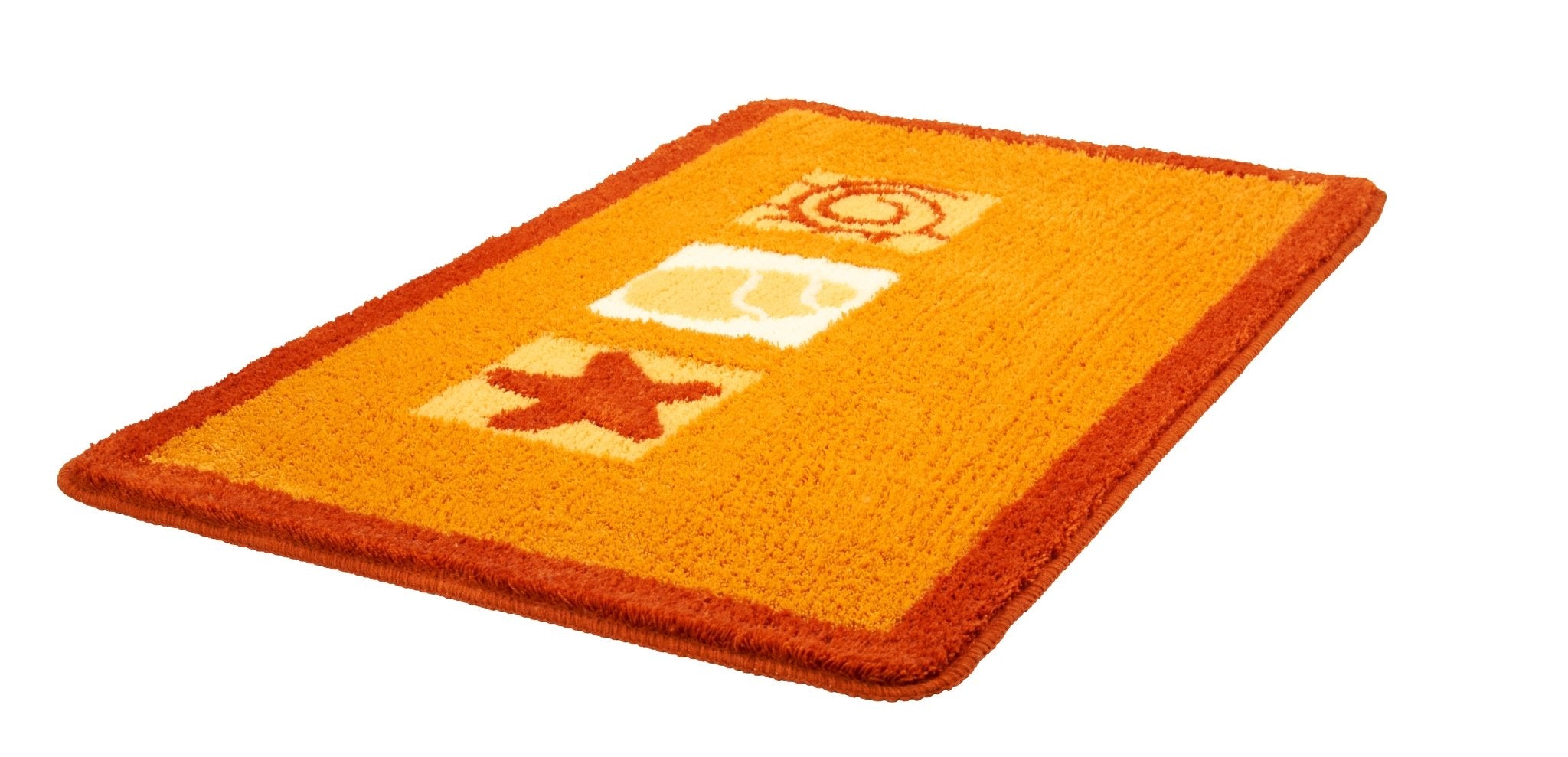 Orange Badematte mit drei cremefarbenen Symbolen und rotem Rand außen