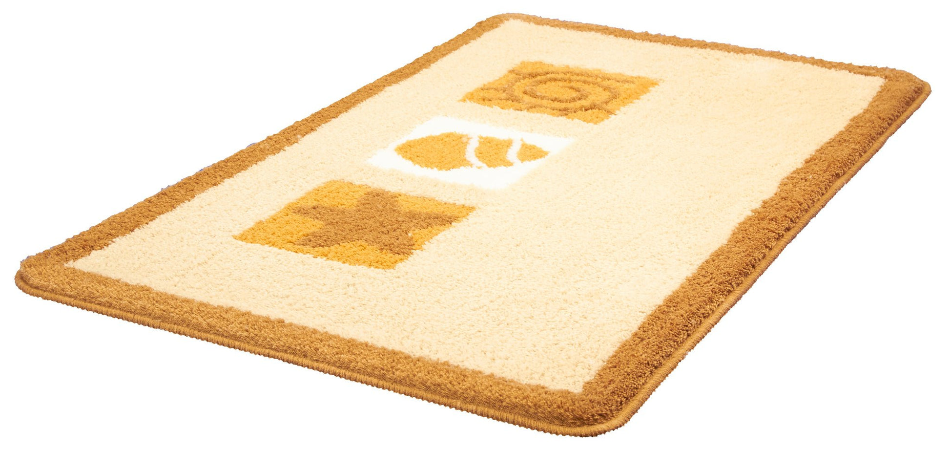 Gelb-beiger Badematte mit drei abstrakten Mustern in der Mitte verziert