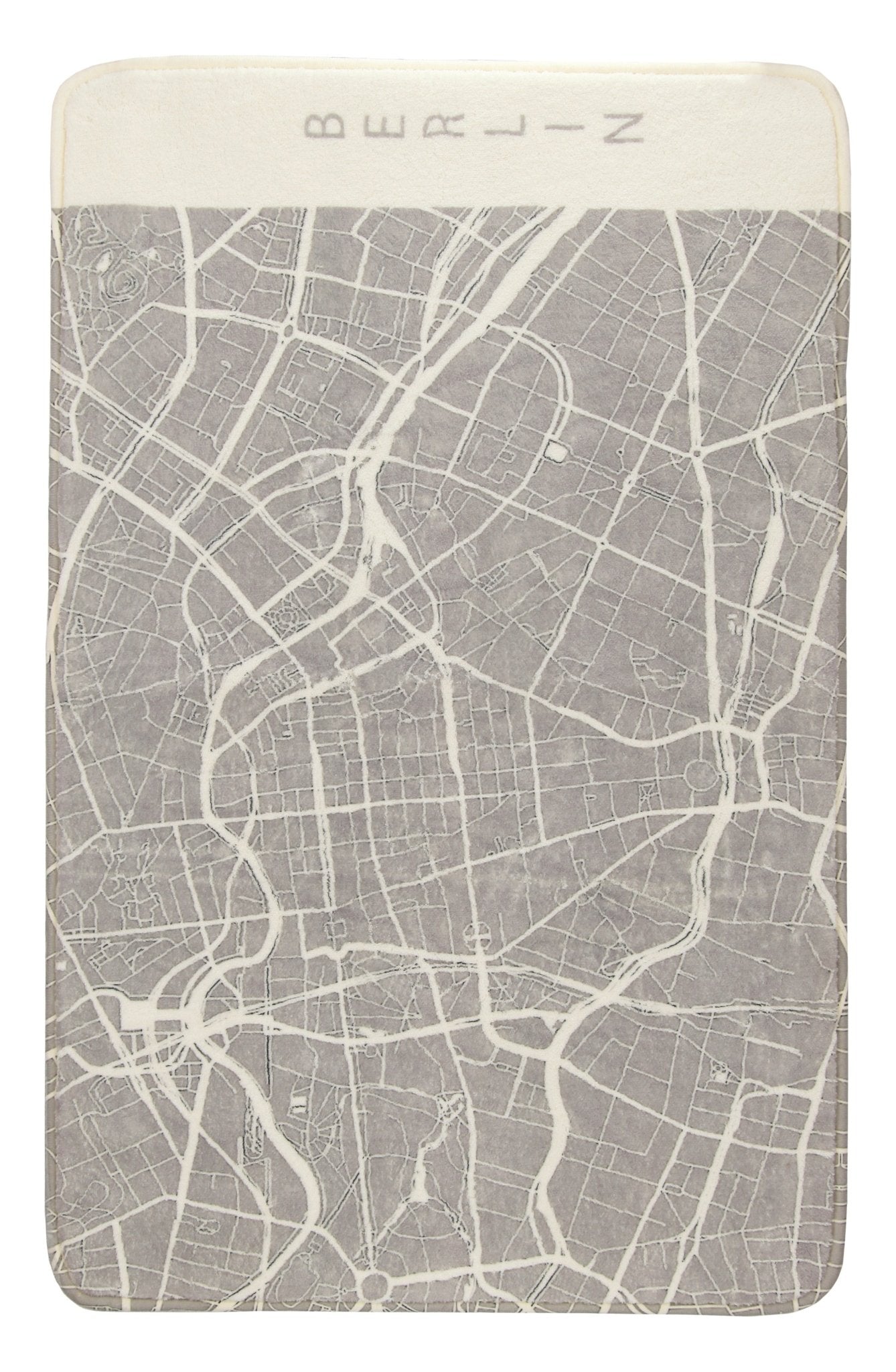 Grau-weißes Badetuch mit Stadtplan-Muster und Schriftzug Berlin oben