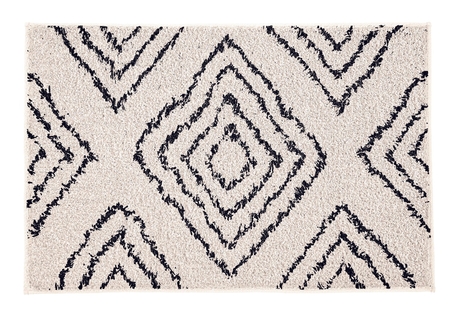 Cremefarbener Badematte mit schwarzen, rautenförmigen Linien Muster