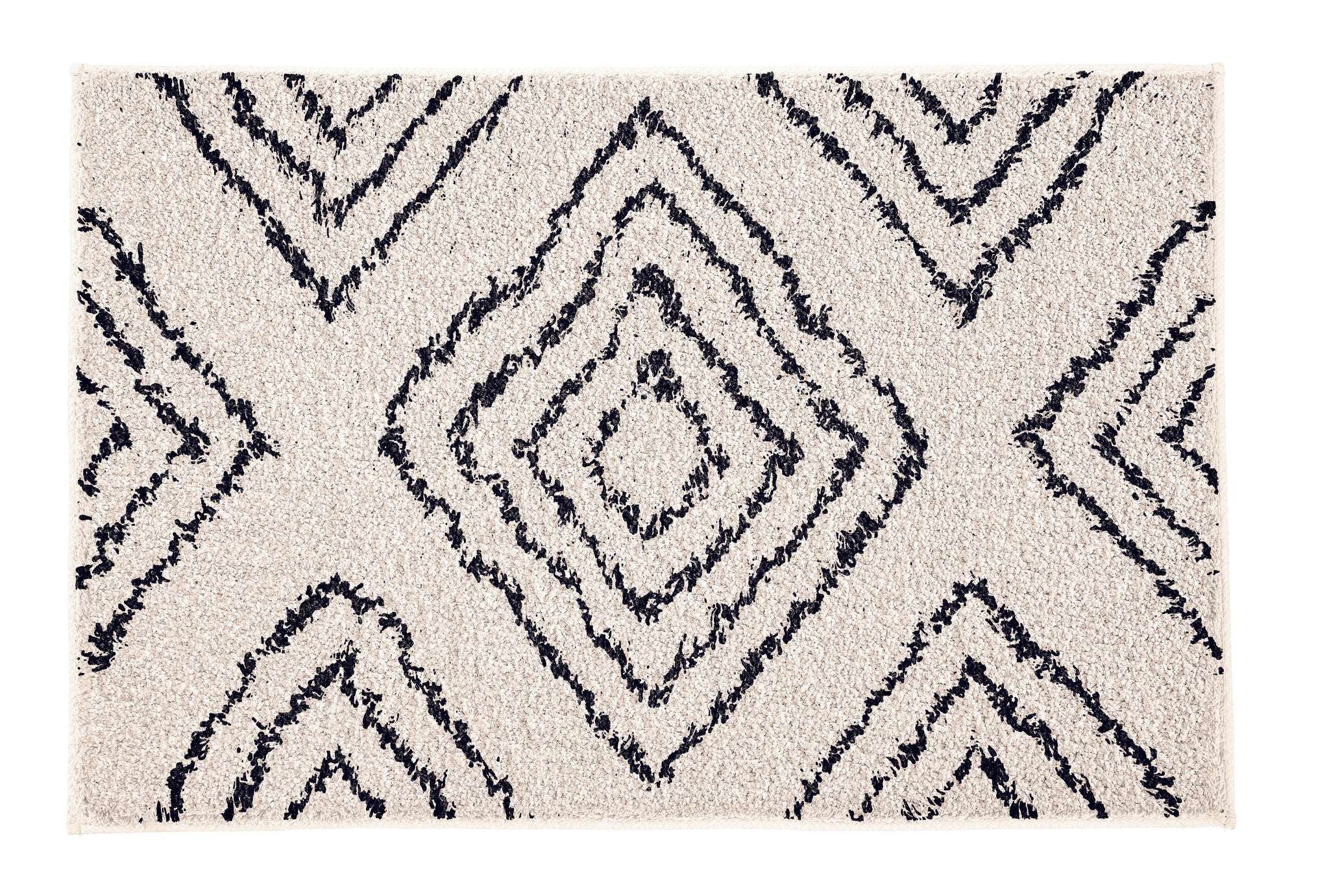 Cremefarbener Badematte mit schwarzen, rautenförmigen Linien Muster