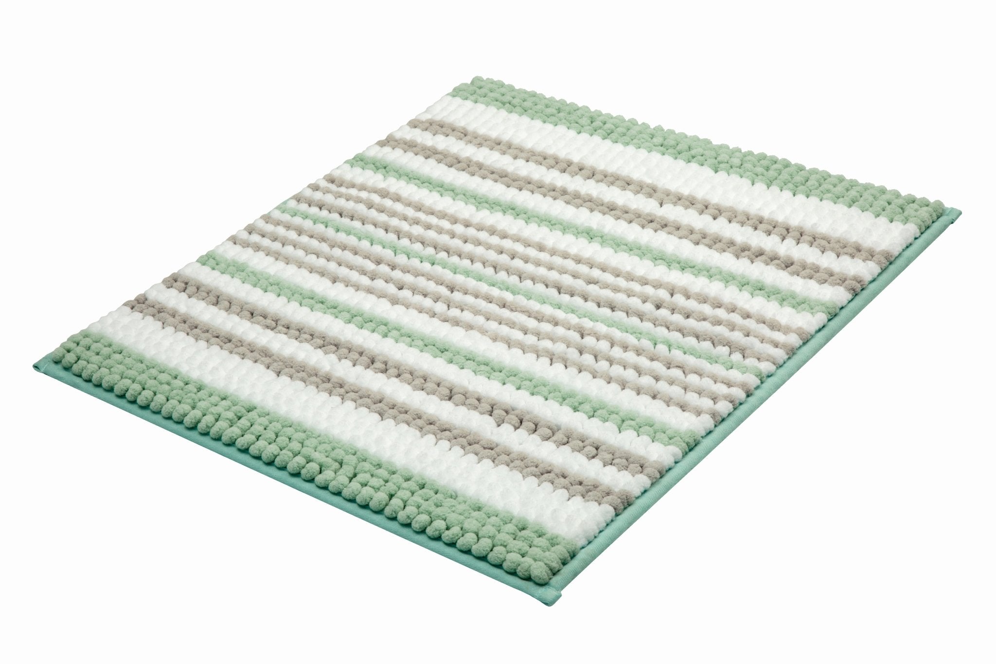 Rechteckige Badematte mit weißen, grauen und grünen, flauschigen Streifen