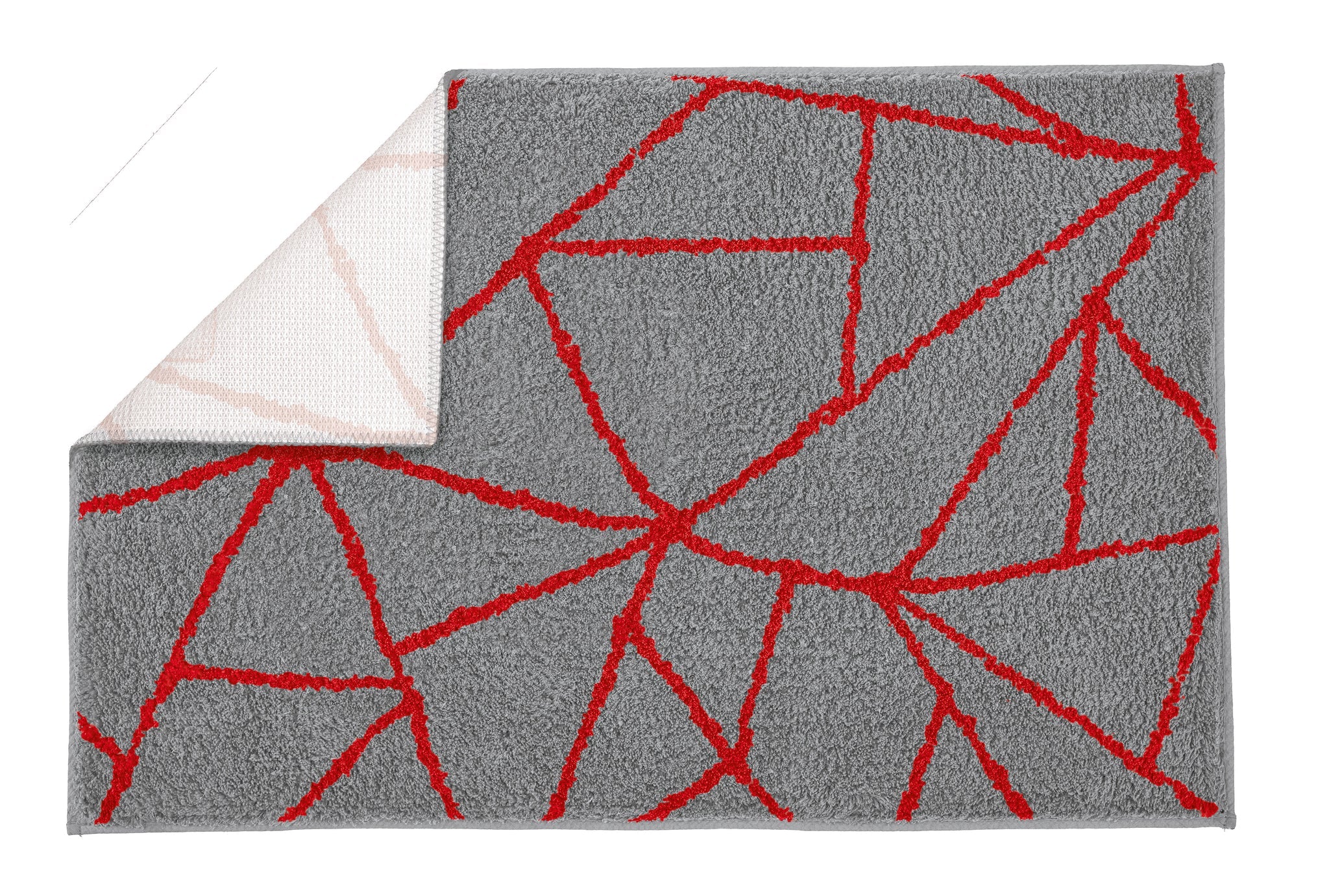Badteppich BONDI Rubin 60 x 90 cm in Grau mit roten Linien, eine Ecke ist umgeschlagen.