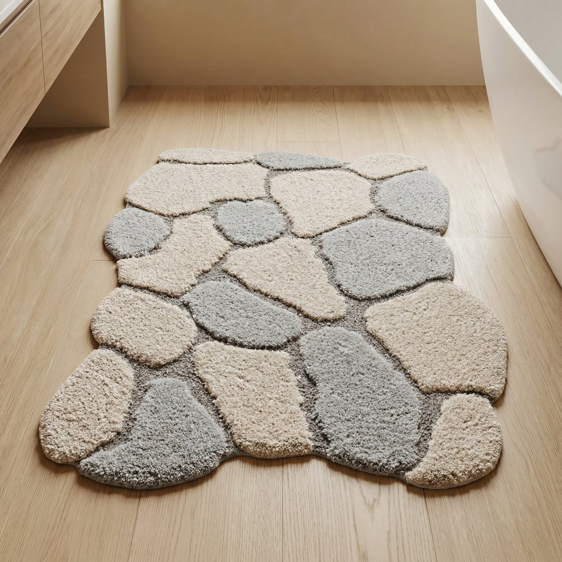 Badteppich in Steinoptik mit grauen und beigen Feldern auf Holzboden