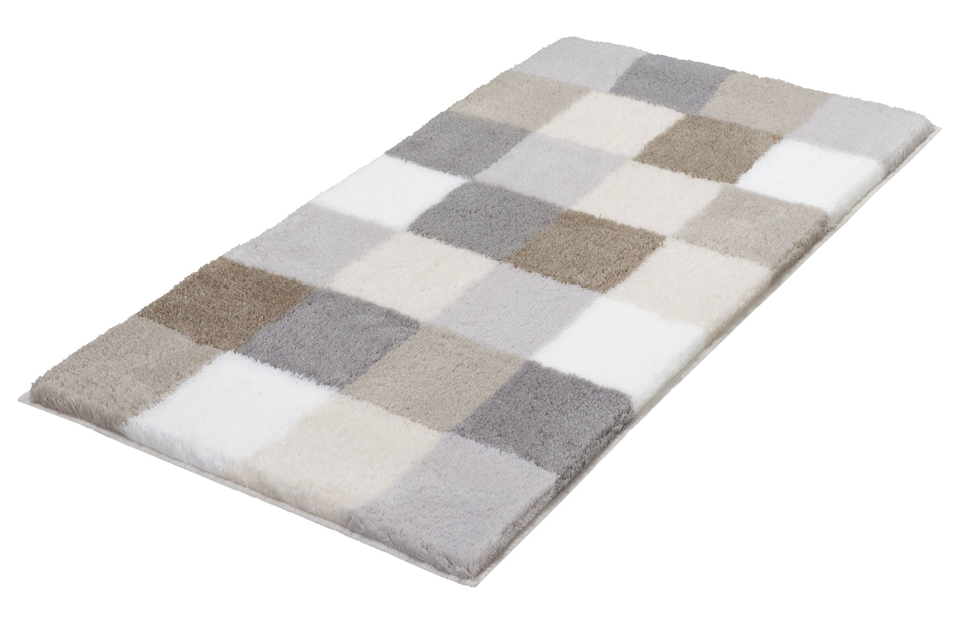 Badteppich CARO kaschmirfarben 60 x 105 cm liegt flach mit weichem Karomuster in Beige und Grautönen.