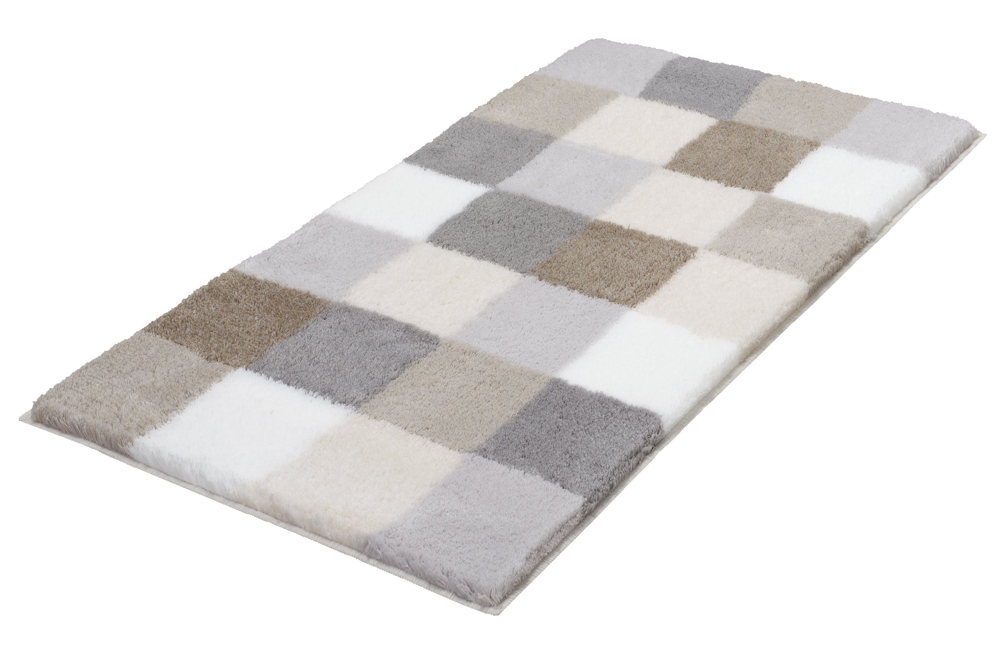 Badteppich CARO kaschmirfarben 60 x 105 cm liegt flach mit weichem Karomuster in Beige und Grautönen.