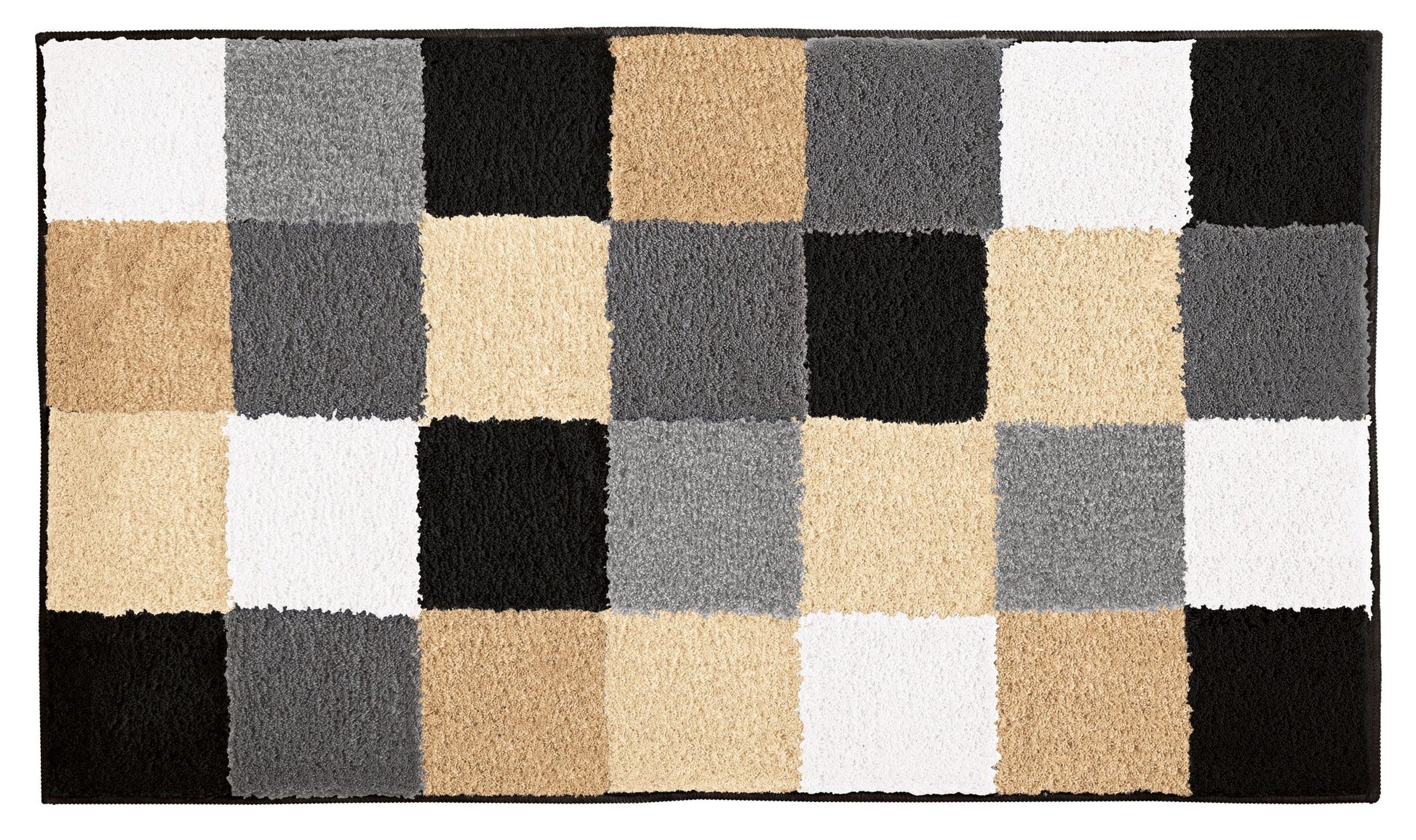 Badteppich CARO Schwarz 60 x 105 cm mit karoähnlichem Muster in Beige, Grau, Weiß und Schwarz.