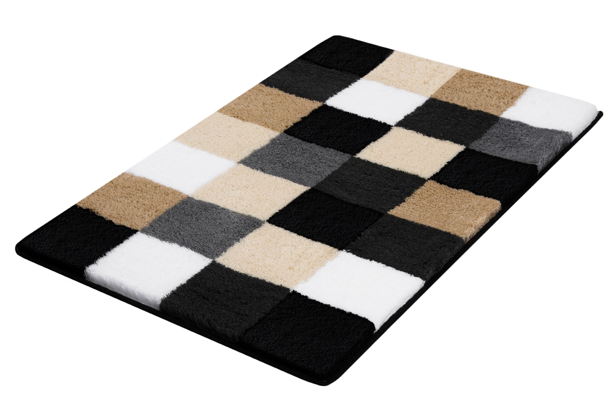 Badteppich CARO Schwarz 85 x 150 cm mit kariertem Muster ist freigestellt von oben zu sehen.