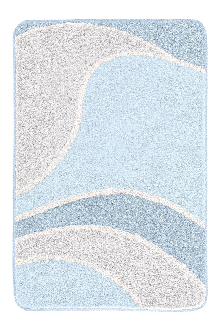 Hellblauer Badteppich mit geschwungenem Muster in Weiß und Blau.