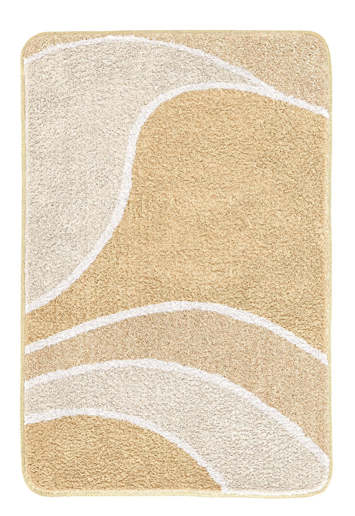 Beiger Badteppich mit cremefarbenem, geschwungenem Muster.