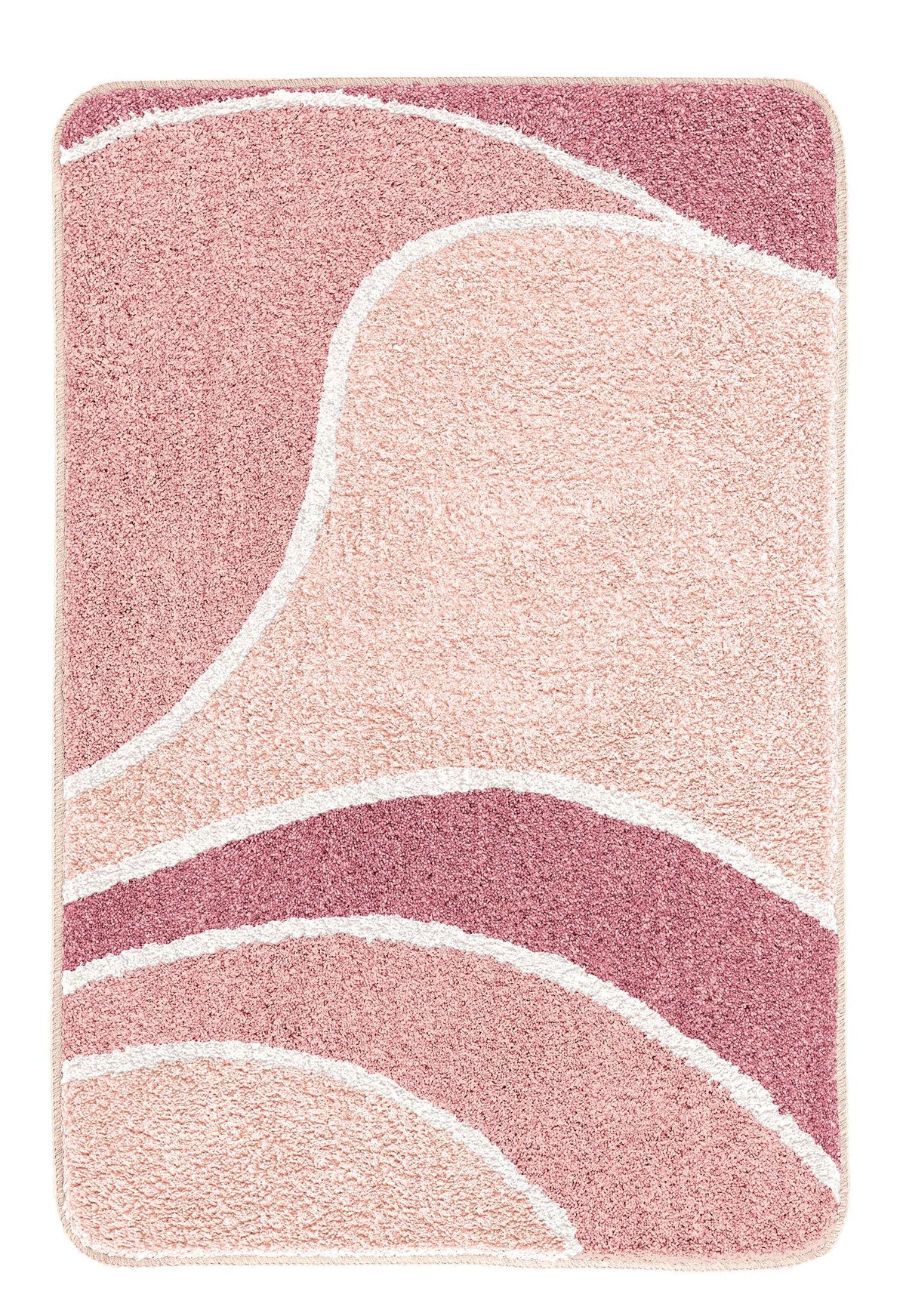 Rosafarbiger Badteppich mit geschwungenem Muster in Rosa und Weiß.